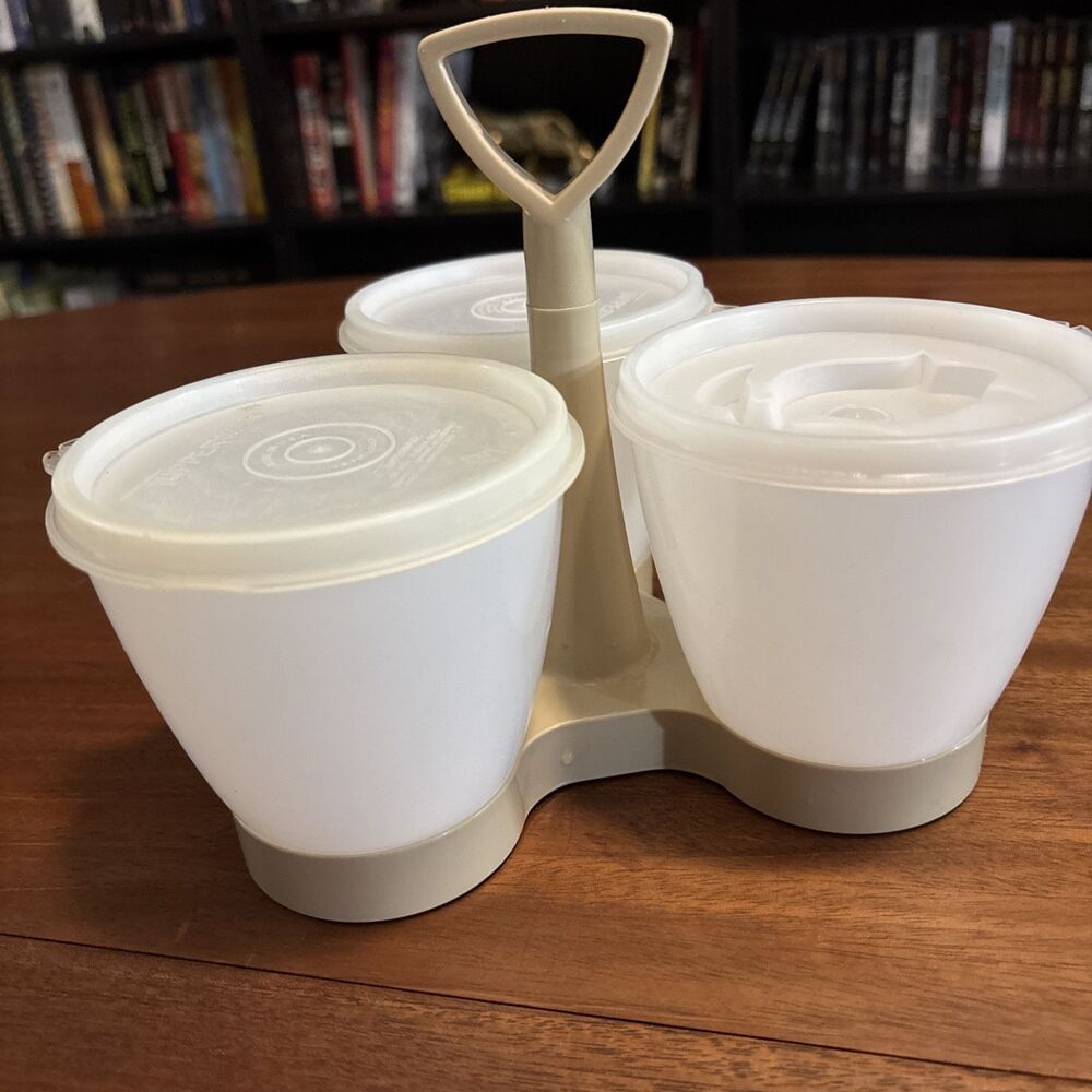 Vintage Tupperware 3 Bowl Condiment Caddy Server In Harvest Gold
